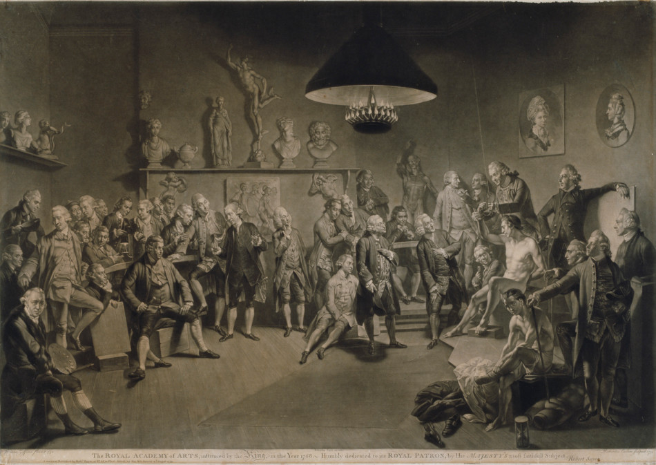 "The Founding Members of teh British Royal Academy" mezzotint by Richard Earlom, published in 1773 of a painting by Johan Zoffany